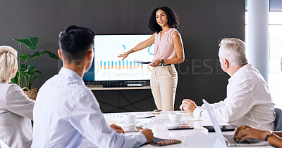 Buy stock photo Team, presentation and woman in boardroom with screen for data analysis, stats review and discussion. Business people, talk and pointing in office with tech for graphs, analytics and report feedback.
