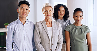 Buy stock photo Realtor, portrait or team in agency with smile, career or pride as property sellers. About us, people or real estate group in office with confidence, experience or friendly service in housing market