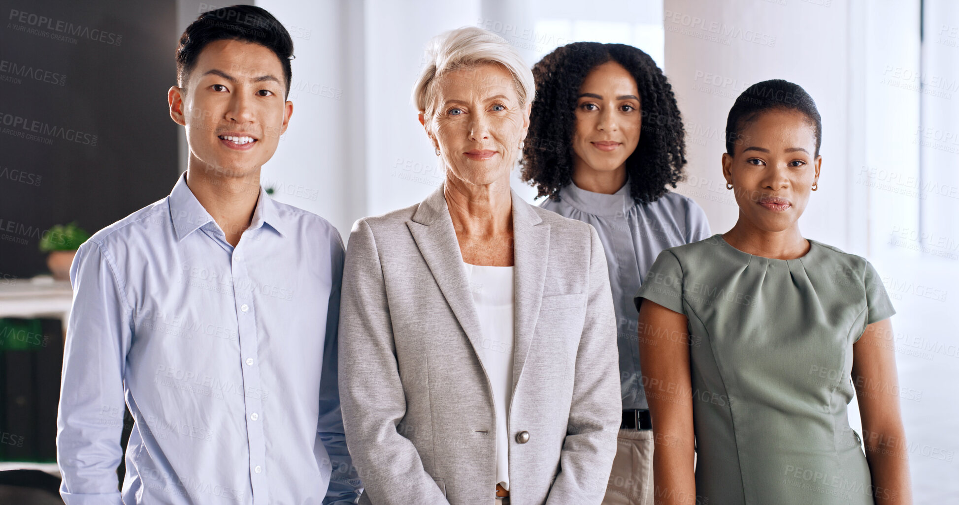 Buy stock photo Realtor, portrait or team in agency with smile, career or pride as property sellers. About us, people or real estate group in office with confidence, experience or friendly service in housing market