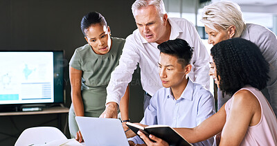Buy stock photo Business people, meeting and point in boardroom with laptop, investment discussion or finance planning. Team, strategy or talking in workplace with computer, financial budget and funding opportunity.
