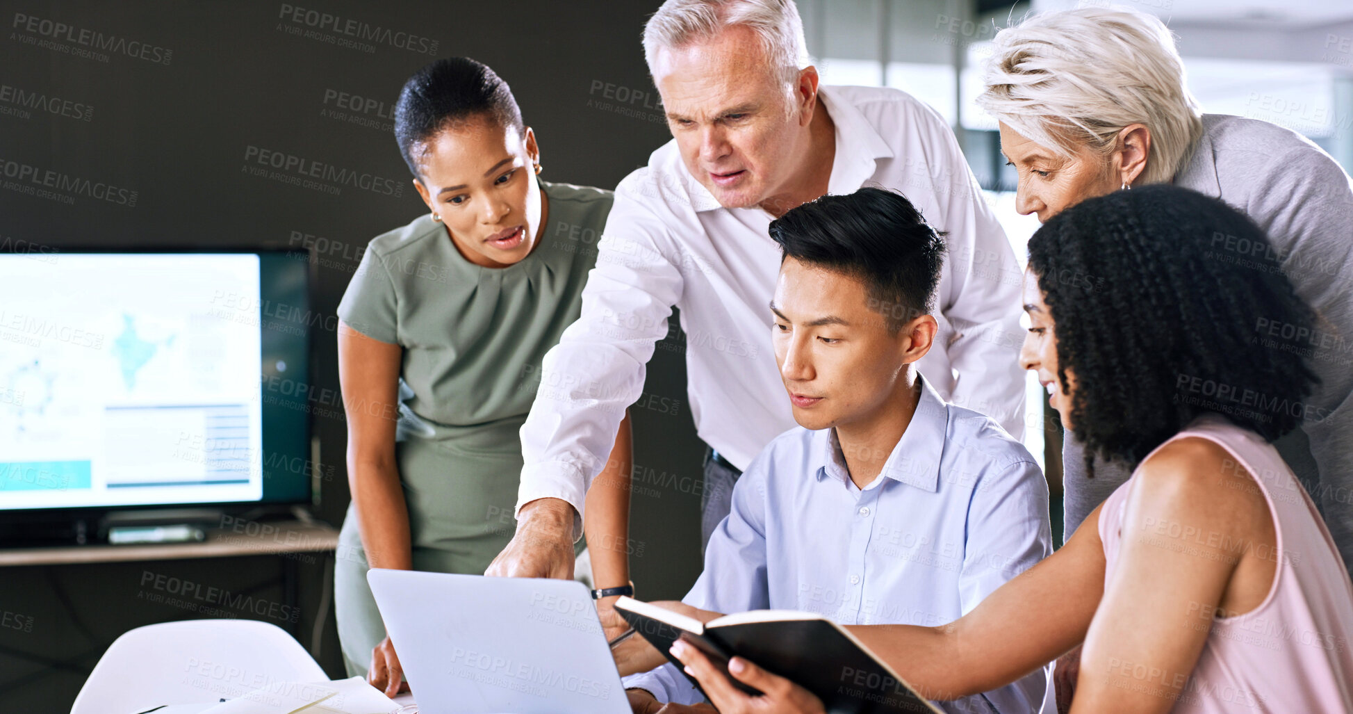Buy stock photo Business people, meeting and point in boardroom with laptop, investment discussion or finance planning. Team, strategy or talking in workplace with computer, financial budget and funding opportunity.