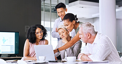 Buy stock photo Business people, meeting and point in office with laptop, investment discussion or finance planning. Team, review and conversation in workplace with computer, financial budget or funding opportunity.