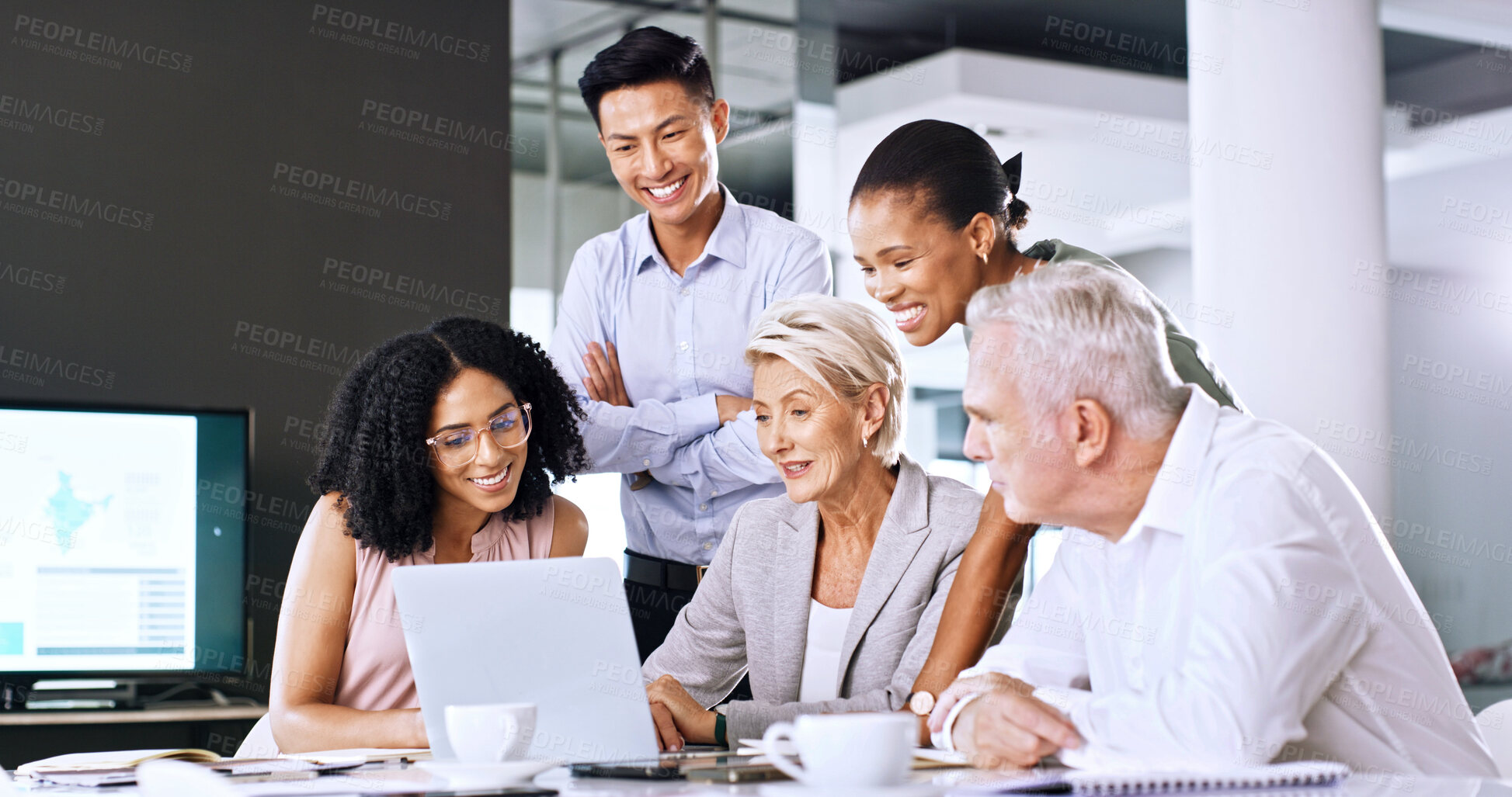 Buy stock photo Laptop, meeting and business people with manager in office for research with finance report. Discussion, computer and team of financial advisors with feedback on investment proposal in workplace.