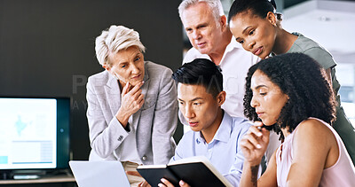 Buy stock photo Laptop, discussion and business people in office with notebook for research with finance report. Meeting, computer and team of financial advisors with feedback on investment proposal in workplace.