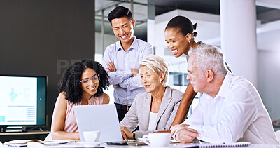Buy stock photo Happy, business people or meeting in boardroom with laptop, international investment offer or discussion. Team, smile or talk in office with computer, financial growth and global funding opportunity.