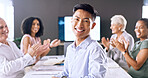 Meeting, applause and portrait of businessman in office for job promotion, achievement or goal. Happy, clapping hands and male financial manager with team for good news on career development.