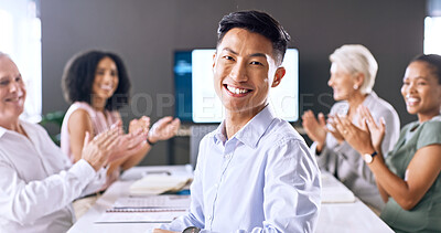 Buy stock photo Meeting, applause and portrait of businessman in office for job promotion, achievement or goal. Happy, clapping hands and male financial manager with team for good news on career development.