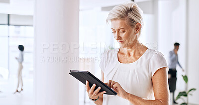 Buy stock photo Business, typing and woman with tablet, financial advisor and internet with email for stock market info. Mature person, investor and agent with tech, trading portfolio and app for inflation review