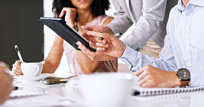 Buy stock photo Hands, meeting and pointing with business people in boardroom for planning or project management. Collaboration, pen and tablet with employee group at table in workplace for discussion or feedback