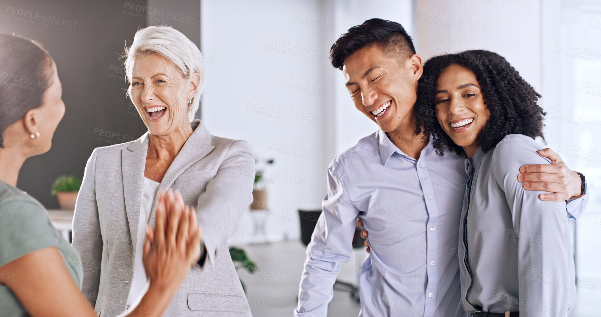 Buy stock photo Business people, high five or hug in office with smile for investment deal, financial growth or success. Happy team, celebration and embrace in workplace for finance goals, achievement and milestone.