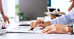 Documents, hands and meeting with business people in boardroom for planning or project management. Collaboration, pen and pointing with employee group at table in workplace for discussion or feedback