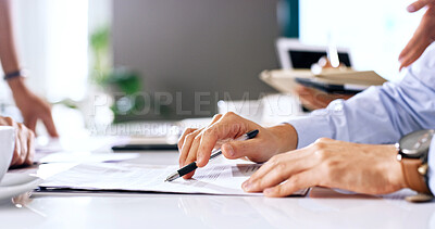 Buy stock photo Documents, hands and meeting with business people in boardroom for planning or project management. Collaboration, pen and pointing with employee group at table in workplace for discussion or feedback