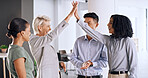 Happy, meeting and business people with high five in office,  achievement or teamwork for project success. Winning, proposal approval or employees together to celebrate, good news or victory for goal