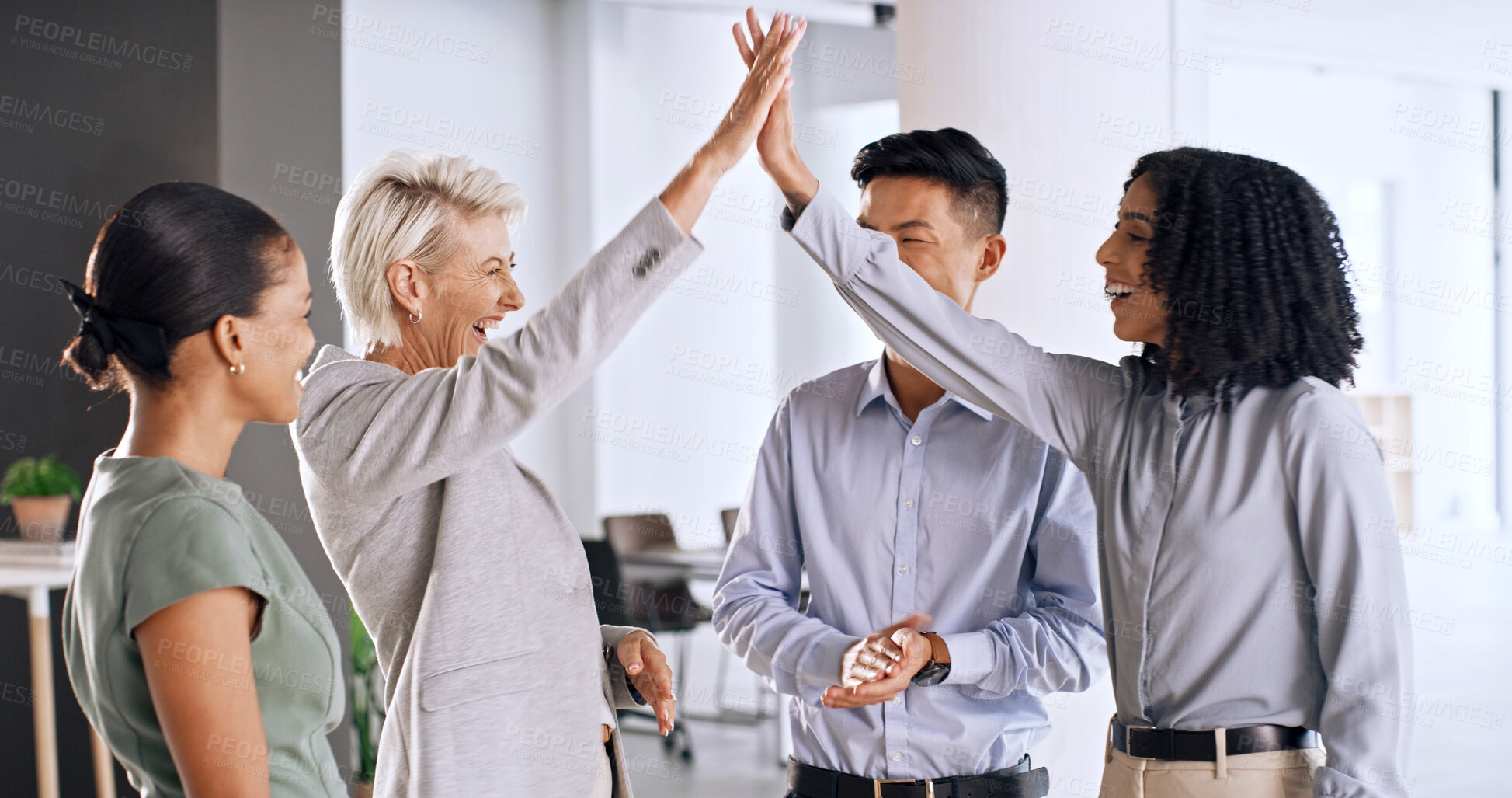 Buy stock photo Happy, meeting and business people with high five in office,  achievement or teamwork for project success. Winning, proposal approval or employees together to celebrate, good news or victory for goal