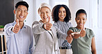 Portrait, business and people with thumbs up in office for real estate, agreement and team success. Smile, staff and like gesture for realtor solidarity, yes emoji and approval for property auction