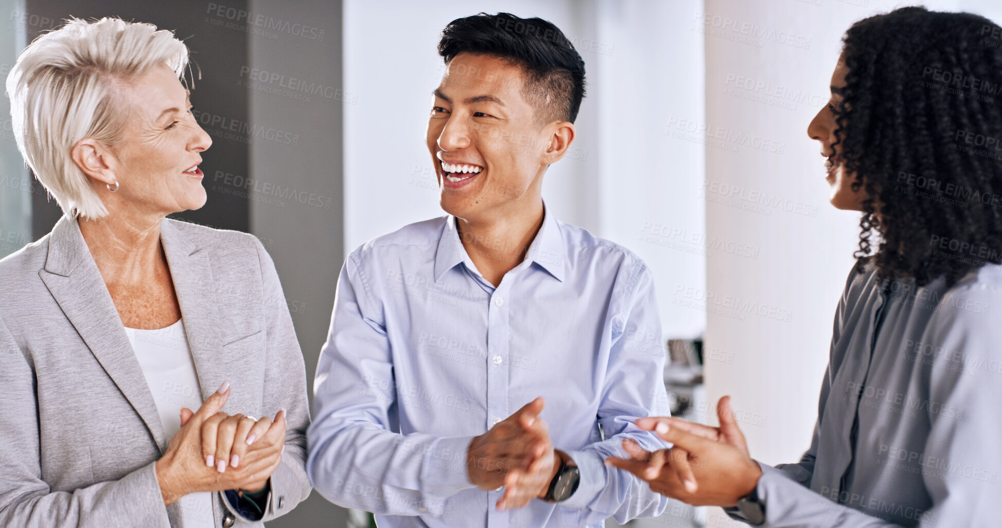 Buy stock photo Business people, smile and applause in office with success, investment deal and financial achievement. Happy team, clapping and conversation in workplace for finance goals, milestone and celebration.
