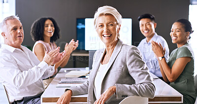 Buy stock photo Meeting, applause and portrait of mature businesswoman in office for job promotion, achievement or goal. Happy, clapping hands and financial manager with team for good news on career development.