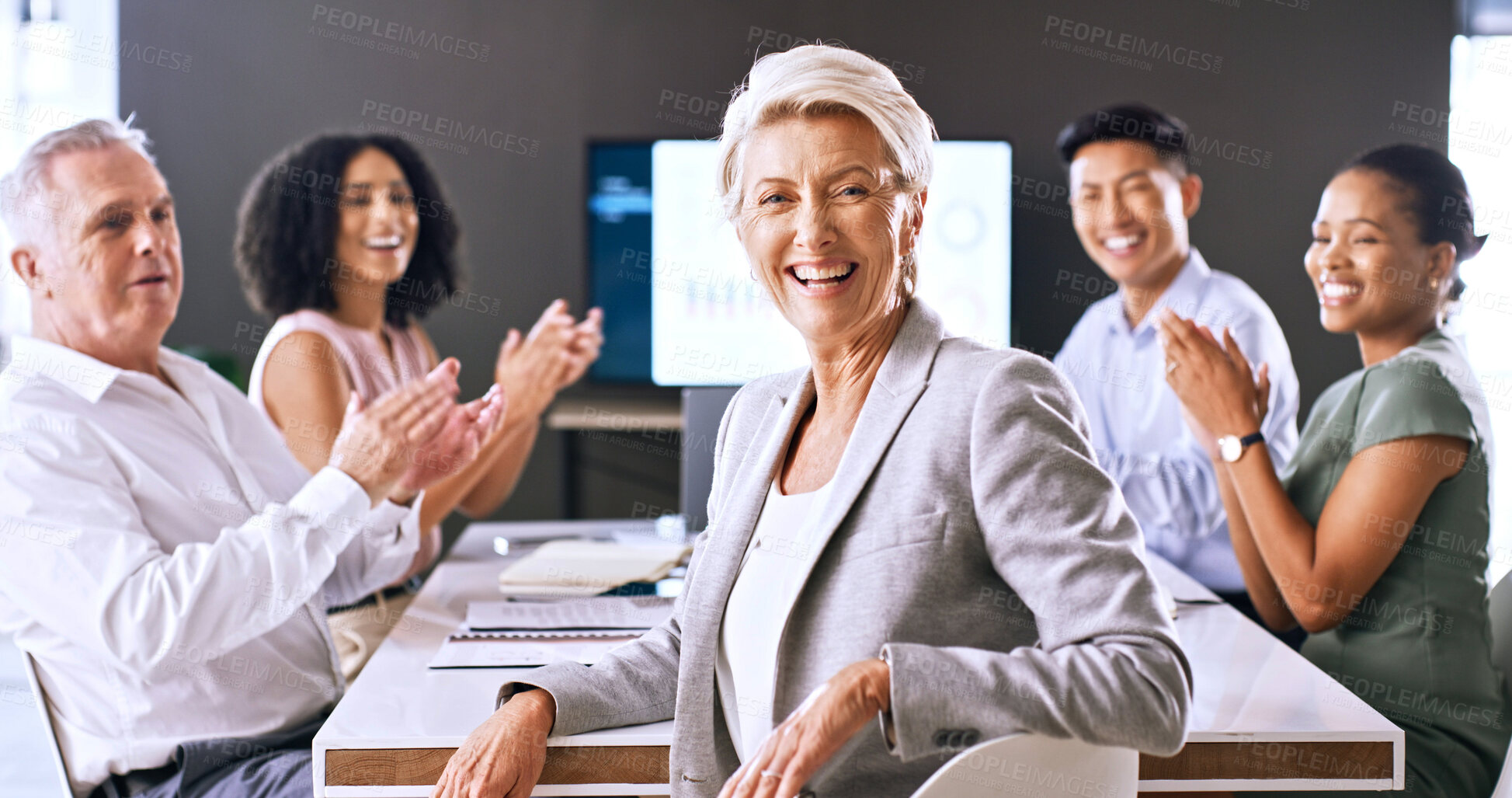 Buy stock photo Meeting, applause and portrait of mature businesswoman in office for job promotion, achievement or goal. Happy, clapping hands and financial manager with team for good news on career development.