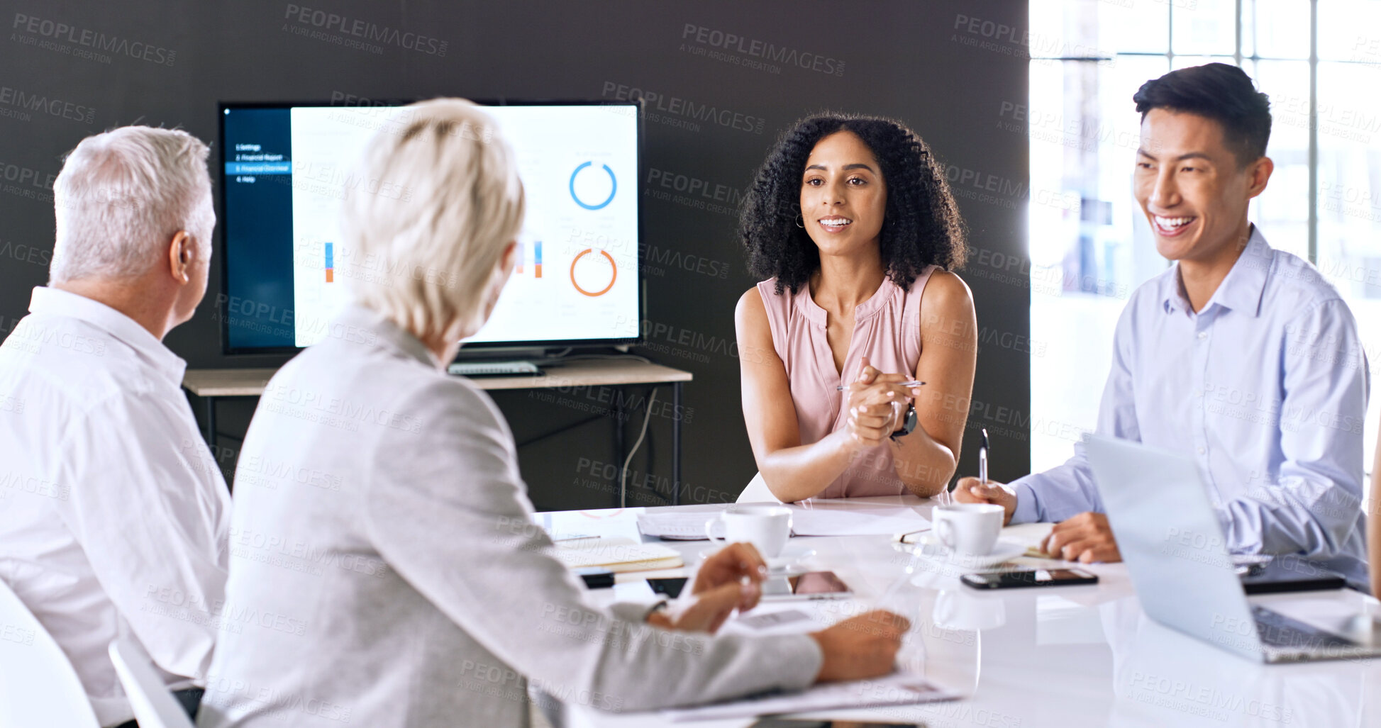 Buy stock photo Happy, business people and discussion in office with data analysis, budget goals and finance stats. Team, meeting or communication in workplace with financial planning, report feedback and analytics.