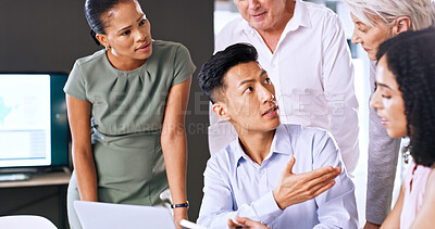 Buy stock photo Laptop, meeting and question with business people in office for discussion, feedback or solution. Computer, conversation and problem solving with employee group in workplace for planning or research