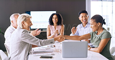 Buy stock photo Business people, clapping and handshake in office meeting for investment deal, merger or integration. Happy team, applause and shaking hands for financial partnership, b2b acquisition and celebration