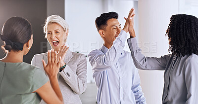 Buy stock photo Excited, meeting or business people with high five in office,  achievement or teamwork for project success. Winning, proposal approval or staff together for celebration, good news or victory for goal
