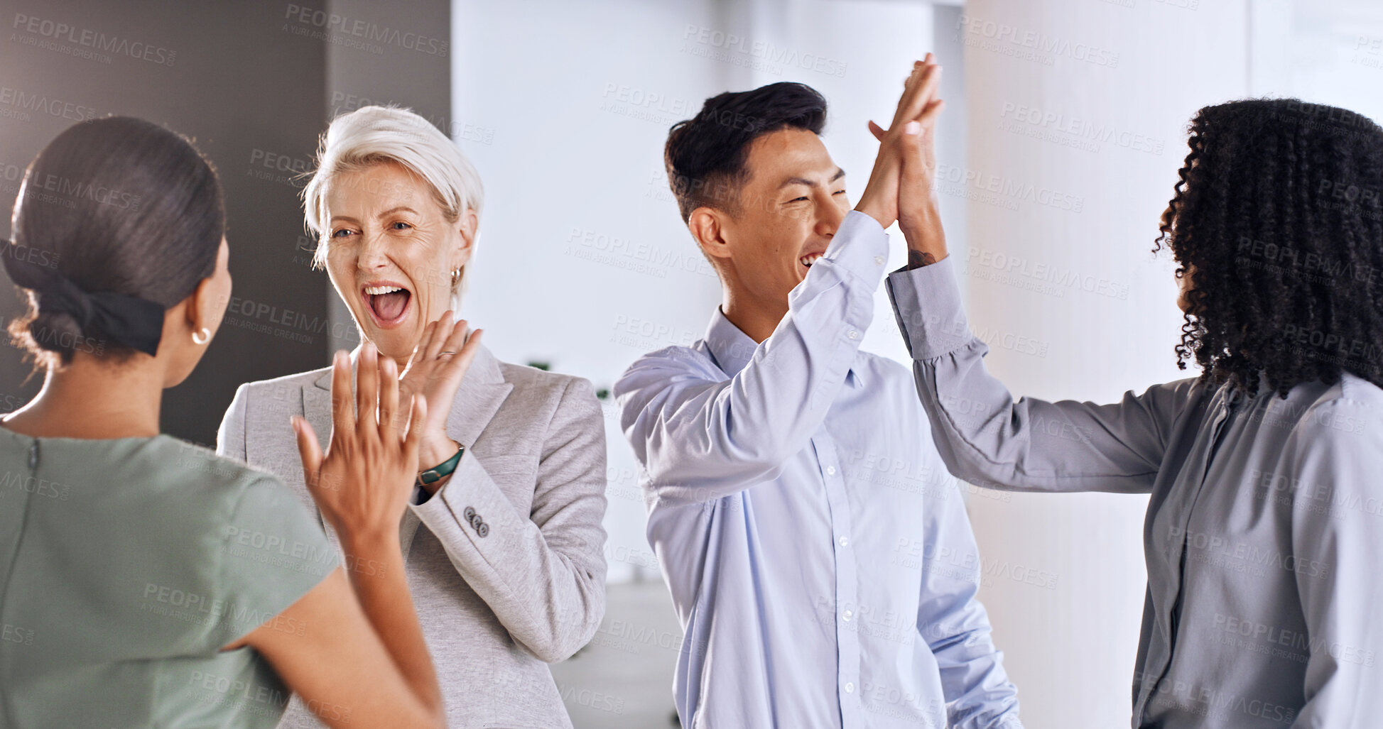 Buy stock photo Excited, meeting or business people with high five in office,  achievement or teamwork for project success. Winning, proposal approval or staff together for celebration, good news or victory for goal