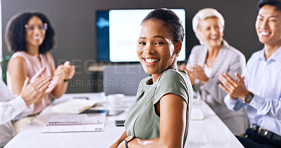 Buy stock photo Meeting, applause and portrait of businesswoman in office for job promotion, achievement or goal. Happy, clapping hands and female financial manager with team for good news on career development.