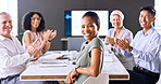 Happy, applause and portrait of businesswoman in office for job promotion, achievement or goal. Meeting, clapping hands and female financial manager with team for good news on career development.