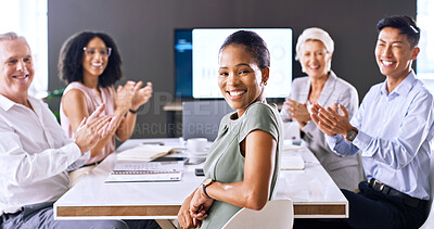 Buy stock photo Happy, applause and portrait of businesswoman in office for job promotion, achievement or goal. Meeting, clapping hands and female financial manager with team for good news on career development.