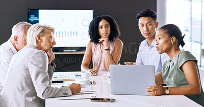 Buy stock photo Business, team and discussion in office with laptop for budget proposal, finance stats and data analysis. People, meeting and communication in workplace with computer, financial planning and graphs.
