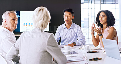 Buy stock photo Business, team and discussion in office with data analysis for budget proposal, finance stats and idea. People, meeting and talking in workplace with financial planning, feedback and graph analytics.
