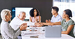 Business people, applause and handshake in office meeting for investment deal, merger or integration. Happy team, clapping and shaking hands for financial partnership, b2b agreement and acquisition