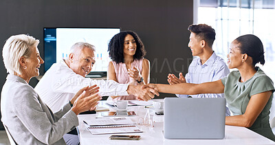 Buy stock photo Business people, applause and handshake in office meeting for investment deal, merger or integration. Happy team, clapping and shaking hands for financial partnership, b2b agreement and acquisition
