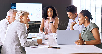 Buy stock photo Business, team and talk in boardroom with laptop for budget proposal, finance stats or data analysis. People, meeting and discussion in office with computer, financial planning or analytics feedback.