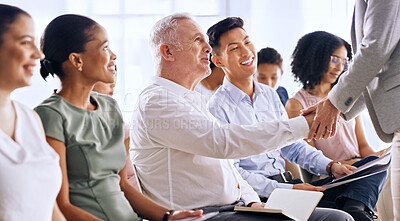 Buy stock photo Business man, smile and shaking hands at conference for greeting, meeting or thanks for introduction. Team, people and handshake at seminar for hello, networking and welcome to office workshop