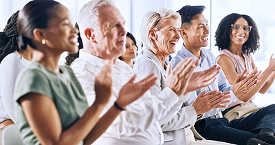 Buy stock photo Business, success or audience in seminar with clap, achievement and celebration for firm growth. Happy, man and woman at conference with victory, crowd applause and motivation for company milestone.