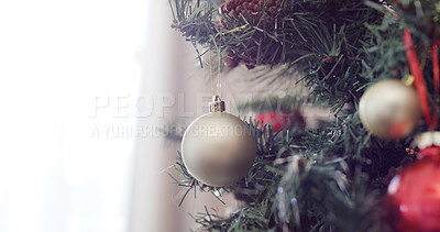 Buy stock photo Christmas, empty and decoration on tree in home for festive tradition, holiday season and celebration. December, space and closeup of bauble, ornament and balls for xmas, vacation and aesthetic