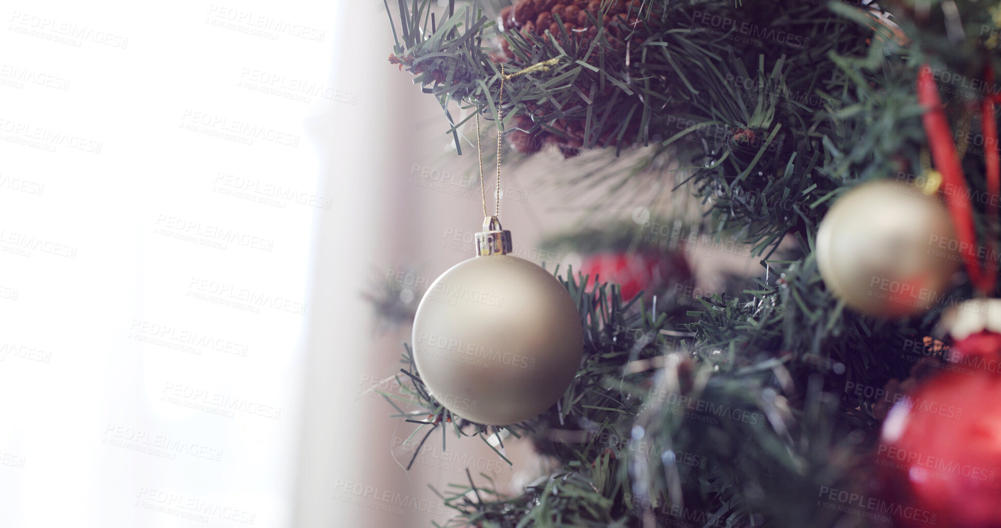 Buy stock photo Christmas, empty and decoration on tree in home for festive tradition, holiday season and celebration. December, space and closeup of bauble, ornament and balls for xmas, vacation and aesthetic