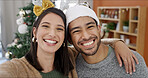 Christmas, portrait and happy couple in home with selfie for holiday tradition, connection and embrace. Married people, hug and smile in apartment for festive season, photography or bonding together.