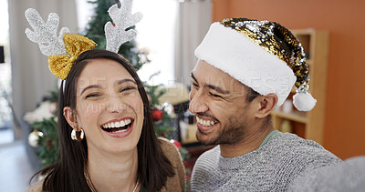 Buy stock photo Christmas, laughing and selfie with couple in living room of home together for celebration. Festive, funny and memories with pov of happy people in apartment for photograph, season or tradition