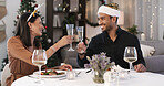 Christmas, happy couple and cheers in home with champagne for holiday tradition, meal and bonding. Married people, toast and celebration in house with alcohol, food and connection for festive season.