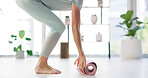 Yoga mat, hands and woman in home for fitness, holistic wellness and start routine. Pilates, stretching and person getting ready for balance, health and wellbeing for peace on floor in apartment