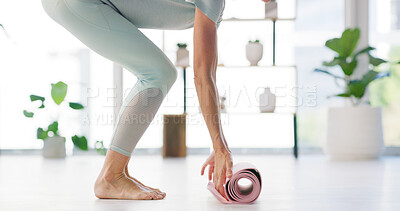 Buy stock photo Yoga mat, hands and woman in home for fitness, holistic wellness and start routine. Pilates, stretching and person getting ready for balance, health and wellbeing for peace on floor in apartment