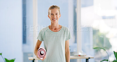 Buy stock photo Portrait, yoga mat and fitness with senior woman for health, holistic wellness and self care in club. Smile, yogi and female person in studio for active retirement, exercise and pilates practice