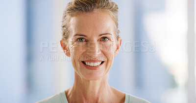 Buy stock photo Smile, portrait and calm with woman in home for pride, confidence and weekend break. Happiness, peace and positive attitude with mature female person in living room of apartment for space and rest