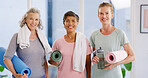 Portrait, yoga and women in studio, meditation and wellness with support, zen and chakra. Group, mature people and happy friends in health club, fitness and routine with mat, morning and retirement
