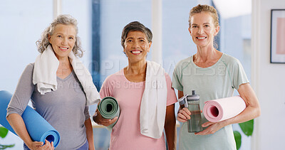 Buy stock photo Portrait, yoga and women in studio, meditation and wellness with support, zen and chakra. Group, mature people and happy friends in health club, fitness and routine with mat, morning and pilates
