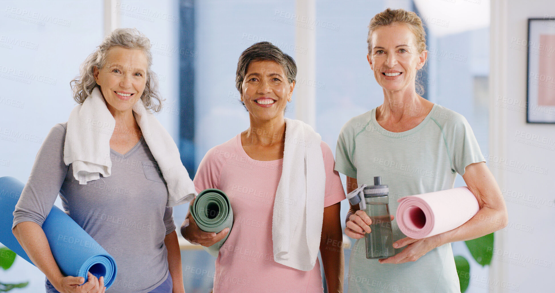 Buy stock photo Portrait, yoga and women in studio, meditation and wellness with support, zen and chakra. Group, mature people and happy friends in health club, fitness and routine with mat, morning and pilates
