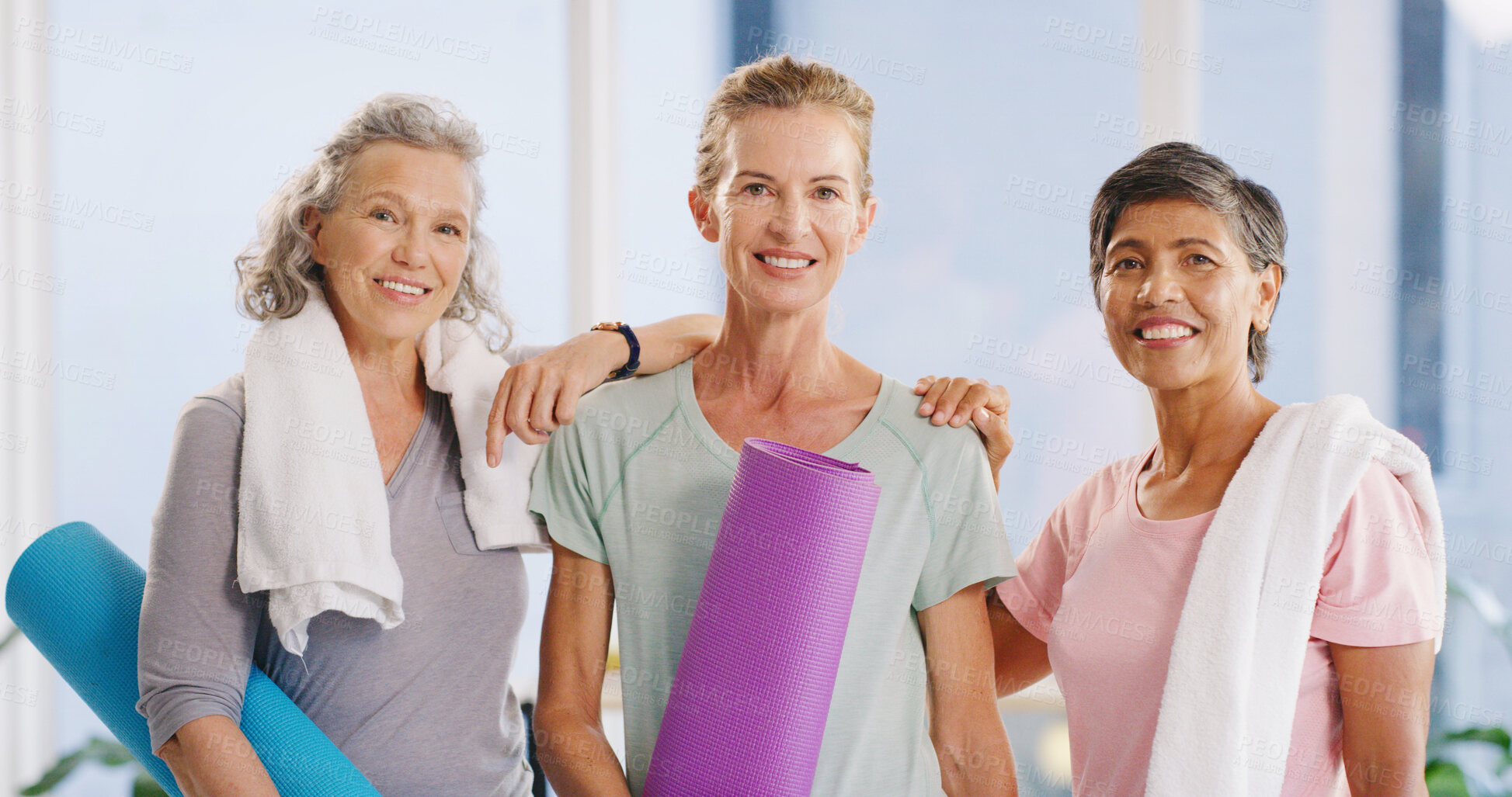 Buy stock photo Portrait, yoga and women in class, meditation and wellness with support, zen and fitness. Group, mature people and happy friends in health club, chakra and routine with mat, morning and smile